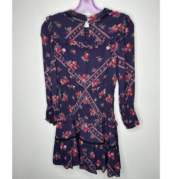 Rahi Cali Purple Multi Color Floral Print 3/4 Sleeve Ruffle Mini Dress XS - Picture 5 of 14
